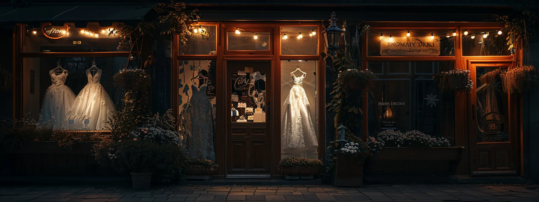 a Picturesque Bridal Boutique in Leeds, Adorned with Elegant Wedding Dresses Displayed Against Soft, Ambient Lighting, Creating a Romantic and Enchanting Atmosphere. - Scarlet Poppy Bridal Boutique - Scarlet Poppy Bridal Boutique