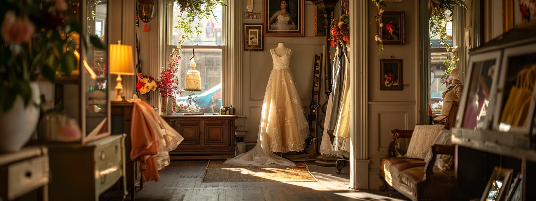 a Picturesque Bridal Shop Adorned with Exquisite Gowns and Soft, Warm Lighting, Inviting Brides-to-be to Explore Its Charming and Affordable Hidden Treasures. - Scarlet Poppy Bridal Boutique - Scarlet Poppy Bridal Boutique