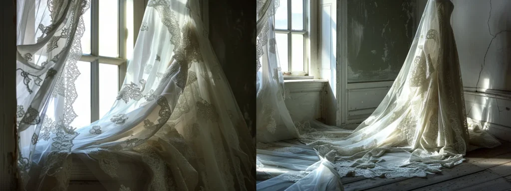 a Pristine, Delicate Bridal Dress Elegantly Displayed in Soft, Natural Light, Highlighting Its Intricate Lace Details and Ethereal Fabric, Symbolizing the Care and Preservation Essential for Its Lasting Beauty. - Scarlet Poppy Bridal Boutique - Scarlet Poppy Bridal Boutique