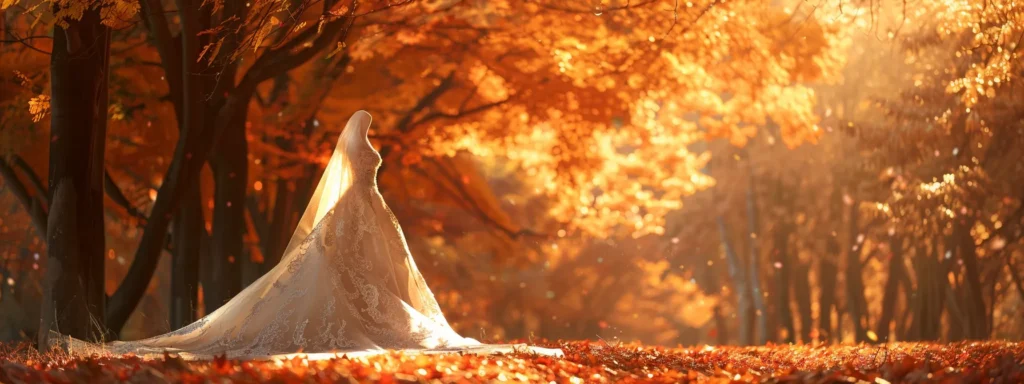 a Radiant Autumn Landscape Showcases a Stunning Bridal Gown Displayed on an Elegant Mannequin, Surrounded by Fallen Leaves in Warm Hues, Capturing the Essence of a Dream Wedding While Reflecting the Thoughtful Balance of Beauty and Budget. - Scarlet Poppy Bridal Boutique - Scarlet Poppy Bridal Boutique