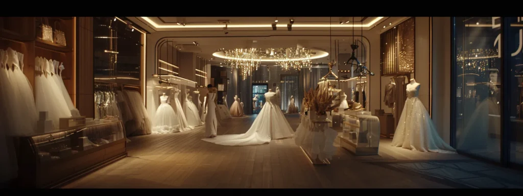 a Radiant Bridal Boutique Filled with Elegantly Displayed Wedding Dresses, Showcasing Happy, Budget-conscious Brides Admiring Their Ideal Gowns, Illuminated by Soft, Warm Lighting That Enhances the Diverse Styles and Beauty of Each Dress. - Scarlet Poppy Bridal Boutique - Scarlet Poppy Bridal Boutique