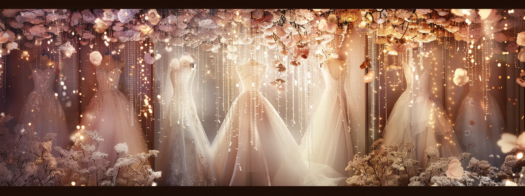 a Radiant Bridal Boutique Showcases an Exquisite Array of Intricately Designed Wedding Dresses, Each Hanging Elegantly Against a Soft, Ethereal Backdrop That Highlights Their Luxurious Fabrics and Delicate Detailing. - Scarlet Poppy Bridal Boutique - Scarlet Poppy Bridal Boutique