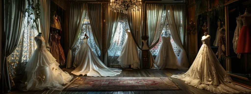 a Radiant Bridal Boutique Showcases an Exquisite Array of Unique, Handcrafted Wedding Gowns Draped Elegantly on Lush Velvet Displays, Bathed in Soft, Golden Light That Enhances Their Intricate Designs and Delicate Fabrics. - Scarlet Poppy Bridal Boutique - Scarlet Poppy Bridal Boutique