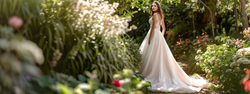a Radiant Bridal Figure in a Stunning, Simple A-line Gown Gracefully Poses Against a Lush Garden Backdrop, Showcasing the Elegance of Affordable Wedding Dress Styles with Vibrant Seasonal Flowers Blooming Around Her. - Scarlet Poppy Bridal Boutique - Scarlet Poppy Bridal Boutique
