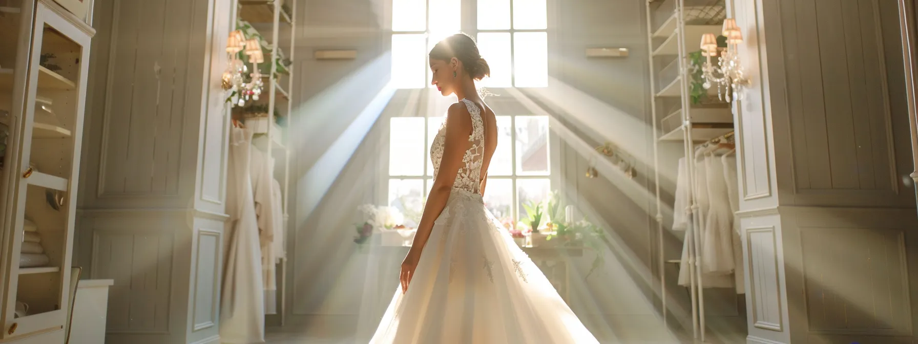 a Radiant Bridal Model Stands Gracefully in a Sunlit Bridal Boutique, Showcasing an Exquisite Designer Wedding Dress That Contrasts Elegantly with a Vibrant Display of Affordable Gown Options, Emphasizing the Beauty and Diversity in Bridal Fashion Choices. - Scarlet Poppy Bridal Boutique - Scarlet Poppy Bridal Boutique