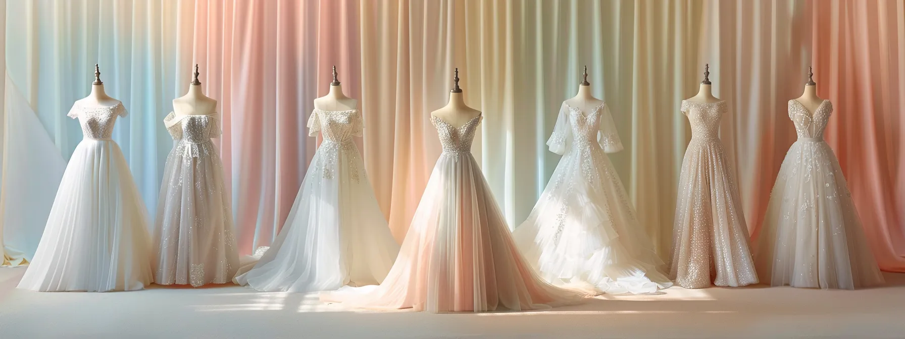 a Radiant Bridal Scene Showcases a Stunning Collection of Diverse Wedding Dresses, Each Draped Gracefully on Elegant Mannequins Under Soft, Ambient Lighting, Highlighting Their Intricate Details and Textures Against a Serene, Pastel Backdrop. - Scarlet Poppy Bridal Boutique - Scarlet Poppy Bridal Boutique