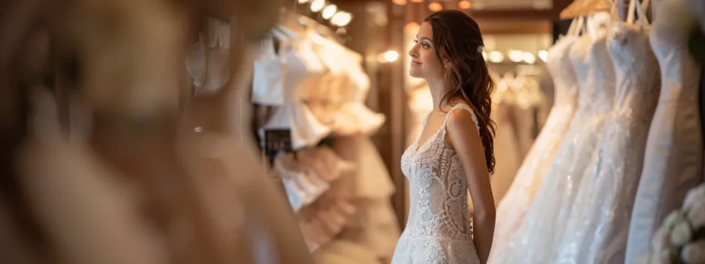 a Radiant Bride-to-be Stands in a Softly Lit Wedding Dress Boutique, Surrounded by Elegantly Displayed Gowns, Capturing the Essence of Anticipation and Decision-making As She Prepares for Her Fitting. - Scarlet Poppy Bridal Boutique - Scarlet Poppy Bridal Boutique