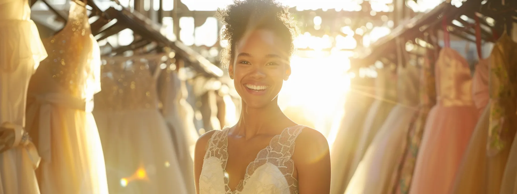 a Radiant Bride-to-be Stands Amidst a Dazzling Array of Wedding Dresses, Reflecting Joy and Confidence in a Sunlit Boutique Filled with Elegant Fabrics and Shimmering Embellishments. - Scarlet Poppy Bridal Boutique - Scarlet Poppy Bridal Boutique