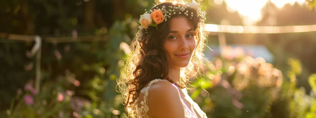 a Radiant Bride Adorned in a Flowing Bohemian Lace Wedding Dress, Elegantly Accessorized with Delicate Jewelry and a Floral Headpiece, Stands Against a Sunlit Garden Backdrop, Embodying a Whimsical and Ethereal Bridal Aesthetic. - Scarlet Poppy Bridal Boutique - Scarlet Poppy Bridal Boutique