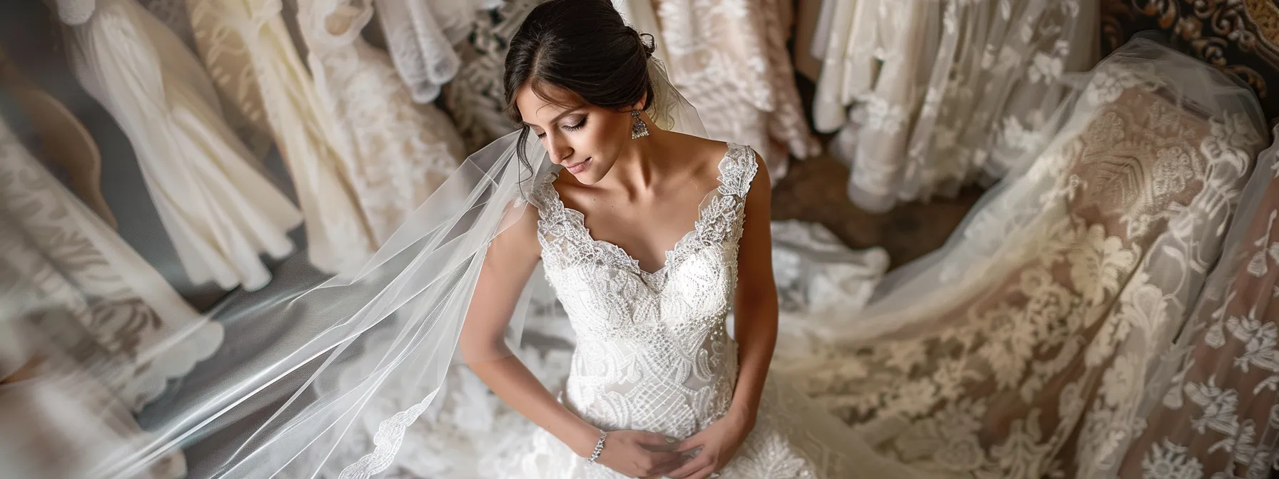 a Radiant Bride, Adorned in a Bespoke Wedding Gown, Gracefully Stands in an Enchanting Local Boutique, Surrounded by Exquisite Lace and Silk Fabrics That Capture the Essence of Personalized Elegance. - Scarlet Poppy Bridal Boutique - Scarlet Poppy Bridal Boutique