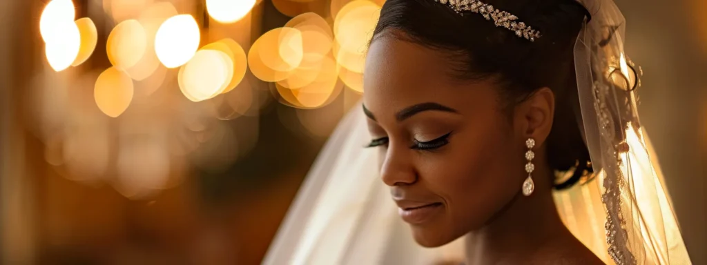 a Radiant Bride Adorned in Elegant Yet Budget-friendly Accessories, Showcasing a Delicate Veil, a Chic Headpiece, and Tasteful Jewelry, Stands Against a Softly Lit Backdrop, Exuding a Polished and Enchanting Beauty on Her Special Day. - Scarlet Poppy Bridal Boutique - Scarlet Poppy Bridal Boutique