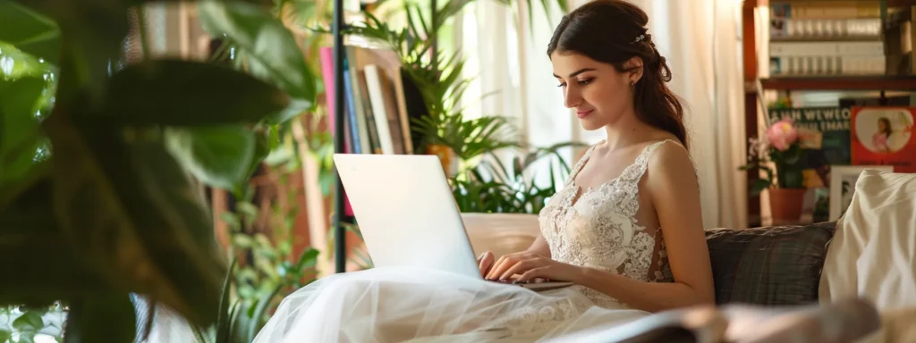 a Radiant Bride Browsing Through an Inspiring Collection of Affordable Wedding Dresses on a Laptop, Surrounded by Vibrant Wedding Planning Magazines and a Warm, Inviting Atmosphere That Reflects Joy and Creativity. - Scarlet Poppy Bridal Boutique - Scarlet Poppy Bridal Boutique