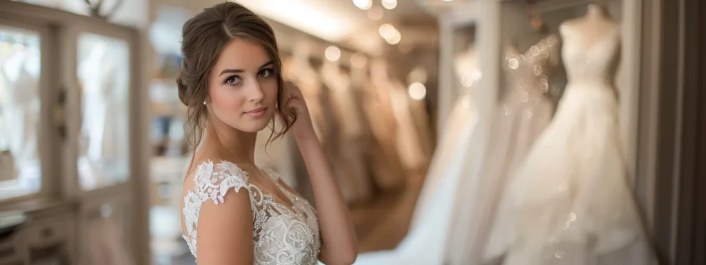a Radiant Bride, Elegantly Adorned in a Stunning Yet Affordable Wedding Dress, Stands Amidst a Charming Leeds Boutique, Surrounded by an Array of Beautifully Crafted Gowns and Soft, Ambient Lighting That Creates a Romantic Atmosphere. - Scarlet Poppy Bridal Boutique - Scarlet Poppy Bridal Boutique