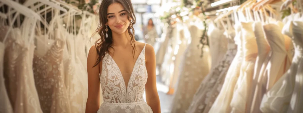 a Radiant Bride Elegantly Models a Perfectly Fitted Wedding Dress in a Sunlit Boutique, Surrounded by Flowing Satin Fabrics and Sparkling Embellishments, Embodying the Essence of Size, Fit, and Bridal Beauty. - Scarlet Poppy Bridal Boutique - Scarlet Poppy Bridal Boutique