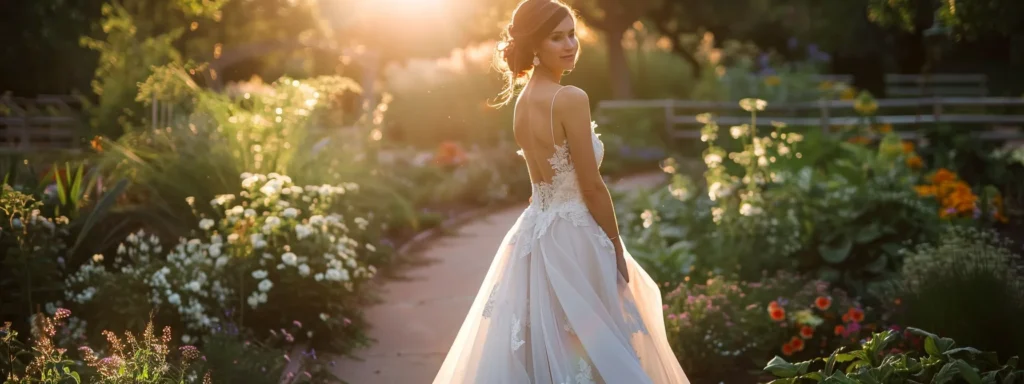 a Radiant Bride Elegantly Poses in a Chic, Vintage Wedding Dress Surrounded by a Soft, Sunlit Backdrop of a Lush Garden, Symbolizing the Beauty and Sustainability of Renting and Second-hand Wedding Attire. - Scarlet Poppy Bridal Boutique - Scarlet Poppy Bridal Boutique