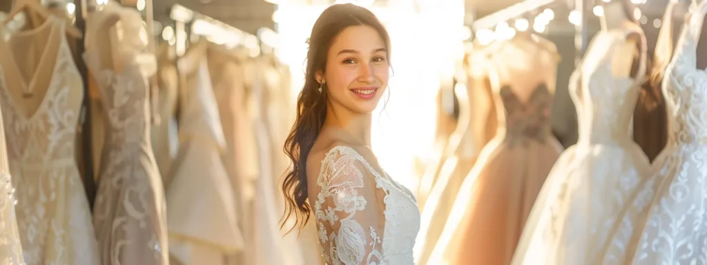 a radiant bride elegantly stands amidst an array of diverse bridal gowns in a sunlit boutique, showcasing the stark contrast between unique independent styles and classic chain store offerings.
