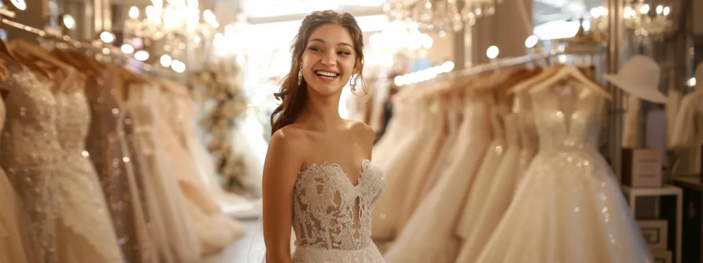 a Radiant Bride, Glowing in a Breathtaking Wedding Dress, Beaming with Joy Amidst a Beautifully Arranged Bridal Boutique Filled with Elegant Gowns and Soft, Warm Lighting, Capturing the Essence of Unforgettable Customer Experiences. - Scarlet Poppy Bridal Boutique - Scarlet Poppy Bridal Boutique