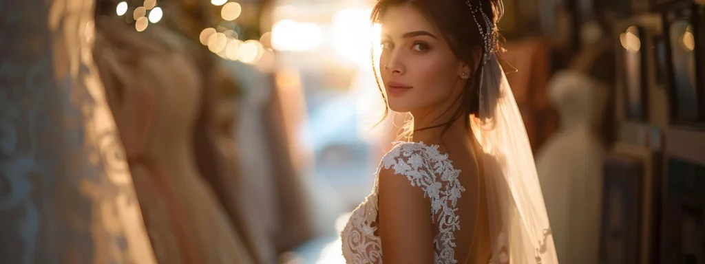 a Radiant Bride, Illuminated by Soft Natural Light, Stands Thoughtfully in a Luxurious Boutique Surrounded by Elegantly Designed Dresses, Embodying the Perfect Balance of Style and Comfort While Reflecting on Her Personal Journey of Dress Shopping. - Scarlet Poppy Bridal Boutique - Scarlet Poppy Bridal Boutique