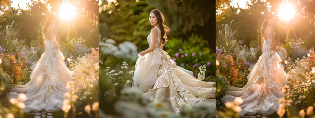 a Radiant Bride in a Flowing Gown Stands Amidst a Sun-drenched Garden, Her Expression Reflecting Joy and Confidence, Embodying the Balance of Elegance and Affordability in Her Wedding Dress Experience. - Scarlet Poppy Bridal Boutique - Scarlet Poppy Bridal Boutique