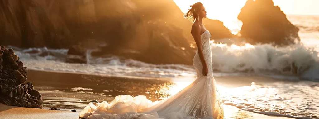 a Radiant Bride in a Stunning Mermaid Silhouette Gown Stands Gracefully on a Sunlit Beach, the Dress Hugging Her Curves and Cascading Elegantly into the Waves, Evoking a Sense of Timeless Elegance and Romance. - Scarlet Poppy Bridal Boutique - Scarlet Poppy Bridal Boutique