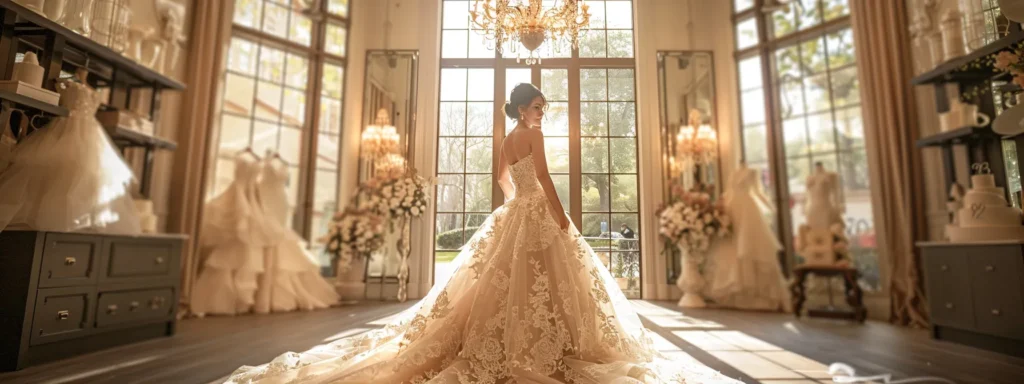 a Radiant Bride in a Luxurious, Intricately Detailed Gown Stands in an Elegant Bridal Boutique, Surrounded by Soft, Natural Light Filtering Through Large Windows, Showcasing the Precision of Her Measurements and the Beauty of Her Personalized Fitting. - Scarlet Poppy Bridal Boutique - Scarlet Poppy Bridal Boutique