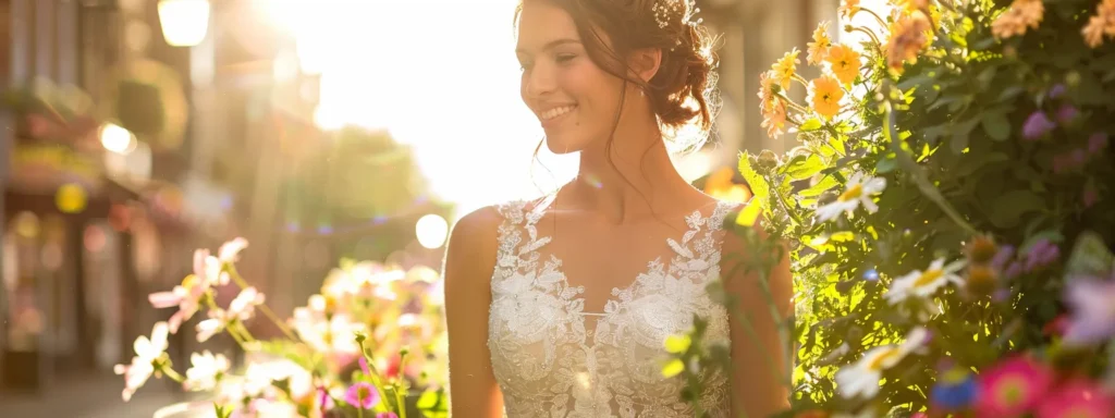 a Radiant Bride in a Beautifully Transformed Off-the-rack Wedding Dress Stands Joyfully in a Sunlit Leeds Street, Surrounded by Vibrant Blooming Flowers, Embodying the Spirit of Creativity and Budget-friendly Elegance. - Scarlet Poppy Bridal Boutique - Scarlet Poppy Bridal Boutique