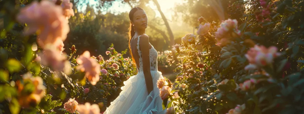 a Radiant Bride in a Modern Tea-length Wedding Dress Stands Gracefully in a Lush Garden, Surrounded by Vibrant Blooms and Soft, Dappled Sunlight Illuminating Her Chic Style and Nostalgic Charm. - Scarlet Poppy Bridal Boutique - Scarlet Poppy Bridal Boutique