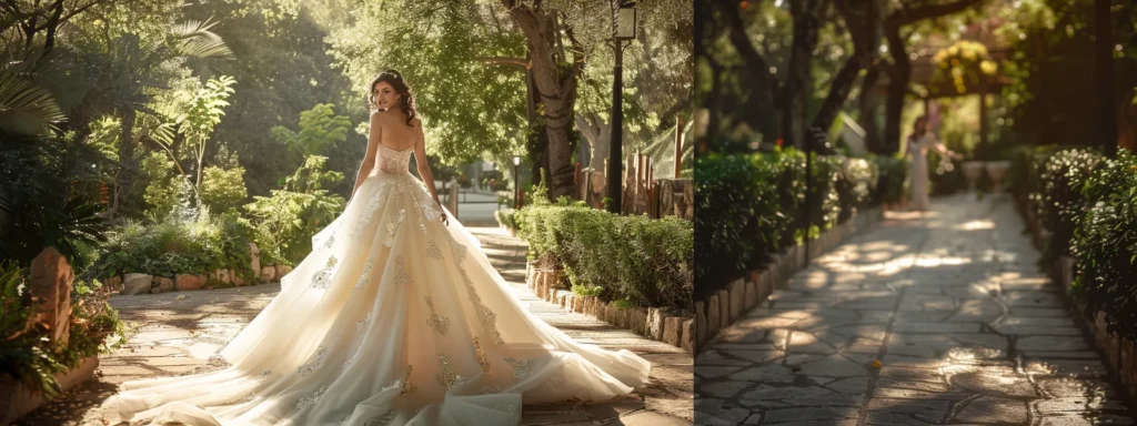 a Radiant Bride in a Flowing, Elegant Ball Gown Stands Gracefully Amidst a Lush, Romantic Garden, Embodying the Perfect Blend of Classic Charm and Modern Sophistication. - Scarlet Poppy Bridal Boutique - Scarlet Poppy Bridal Boutique