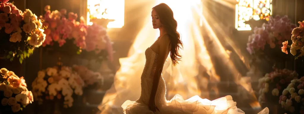a Radiant Bride in a Captivating Mermaid Gown Stands Gracefully Under Soft, Ambient Lighting, Her Silhouette Accentuating Every Curve Against a Backdrop of Ethereal Floral Arrangements. - Scarlet Poppy Bridal Boutique - Scarlet Poppy Bridal Boutique