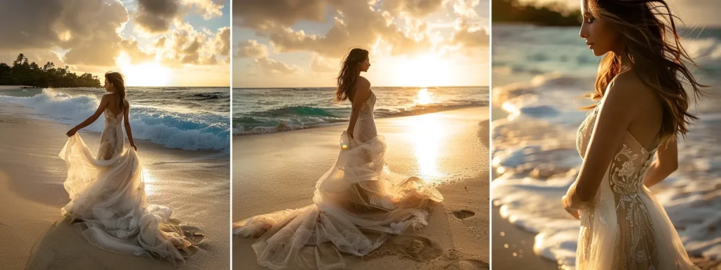 a Radiant Bride in a Flowing, Ethereal Gown Stands Gracefully Against a Breathtaking Coastal Backdrop, Where Turquoise Waves Kiss Golden Sands Under a Soft, Sunset Glow. - Scarlet Poppy Bridal Boutique - Scarlet Poppy Bridal Boutique