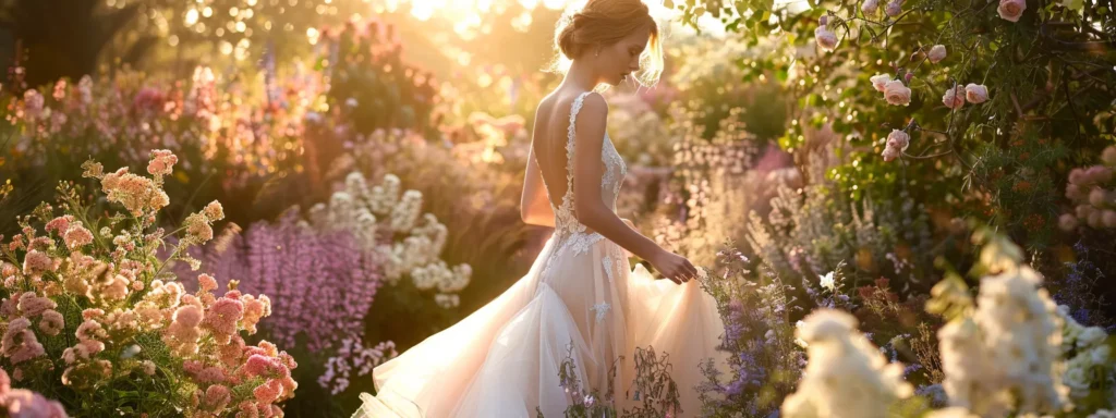 a Radiant Bride in a Flowing, Pastel-hued Gown Stands Elegantly Amidst a Lush Garden, Showcasing the Vibrant Evolution of Modern Bridal Fashion Against a Backdrop of Dappled Sunlight Filtering Through Blooming Flowers. - Scarlet Poppy Bridal Boutique - Scarlet Poppy Bridal Boutique