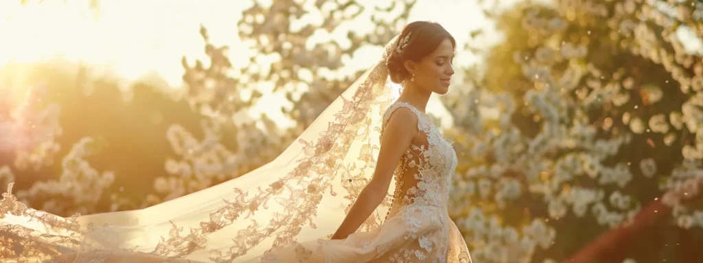 a Radiant Bride in a Flowing Lace Gown Captures the Essence of Elegance Against a Blossoming Outdoor Backdrop, the Soft Fabric Accentuating the Empire Silhouette While Cascading Gracefully with the Breeze. - Scarlet Poppy Bridal Boutique - Scarlet Poppy Bridal Boutique