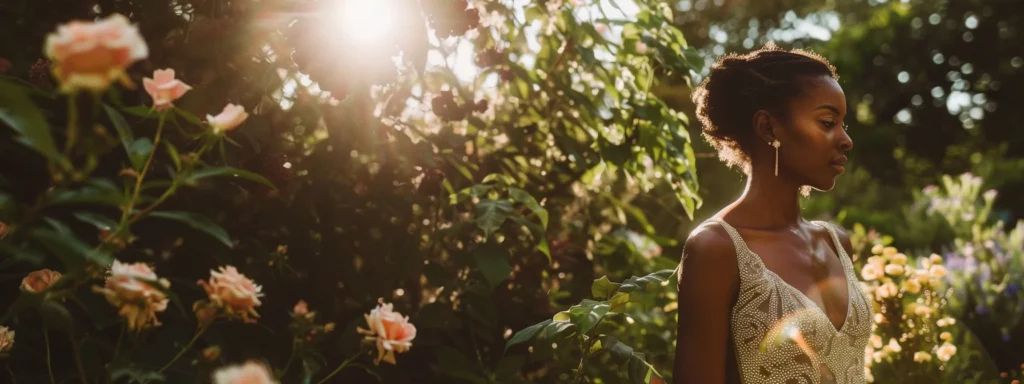 a Radiant Bride in a Chic, Modern Mini Wedding Dress Stands Gracefully in a Sunlit Garden, Surrounded by Lush Greenery and Blooming Flowers, Embodying Contemporary Elegance and Confidence. - Scarlet Poppy Bridal Boutique - Scarlet Poppy Bridal Boutique