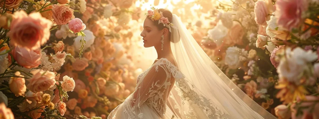 a Radiant Bride in a Flowing Vintage 1950s Wedding Dress Stands Beneath a Canopy of Soft Pastel Blooms, Radiating Elegance and Individuality on Her Special Day. - Scarlet Poppy Bridal Boutique - Scarlet Poppy Bridal Boutique