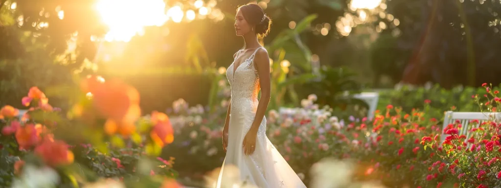 a Radiant Bride in a Custom-made Gown Stands Confidently in a Sunlit Garden, Showcasing the Elegant Fit of Her Dress That Perfectly Accentuates Her Unique Silhouette Against a Backdrop of Blooming Flowers. - Scarlet Poppy Bridal Boutique - Scarlet Poppy Bridal Boutique