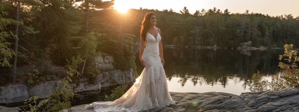 a Radiant Bride in a Stunning Yet Affordable Wedding Dress Stands Amidst a Picturesque Outdoor Setting, Capturing the Essence of Budget-friendly Elegance and Personal Success Stories. - Scarlet Poppy Bridal Boutique - Scarlet Poppy Bridal Boutique