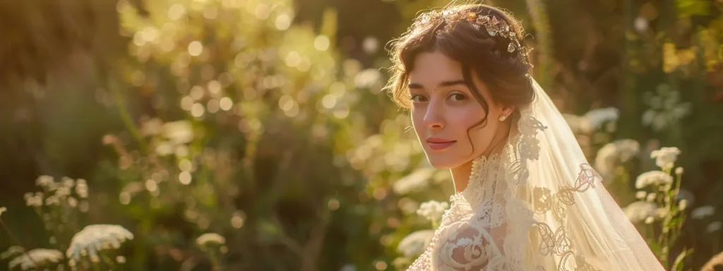 a Radiant Bride in a Vintage-inspired Wedding Dress Stands Gracefully in a Sunlit Garden, Adorned with Delicate Pearl Jewelry, an Elegant Lace Veil, and Timeless Wavy Hair, Embodying the Classic Beauty and Charm of a Bygone Era. - Scarlet Poppy Bridal Boutique - Scarlet Poppy Bridal Boutique