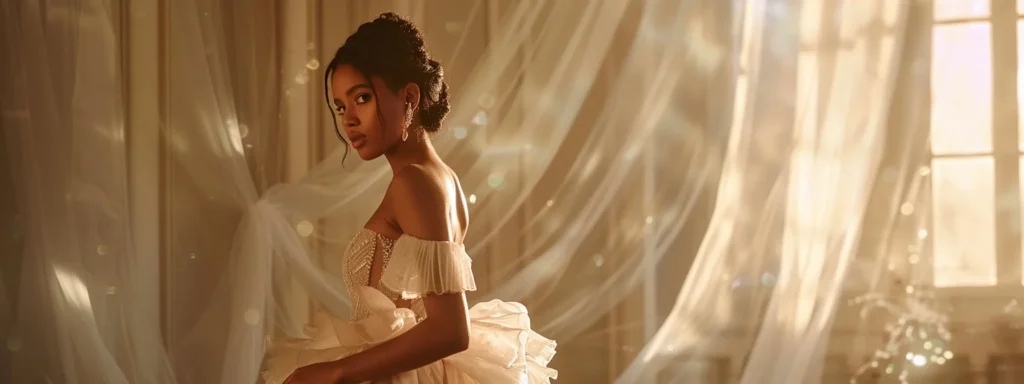 a Radiant Bride in a Flowing, Intricately Designed Custom Gown Stands Poised Against a Softly Lit Backdrop, Embodying Grace and Elegance While Contemplating Her Budgeting Options for the Perfect Dress. - Scarlet Poppy Bridal Boutique - Scarlet Poppy Bridal Boutique