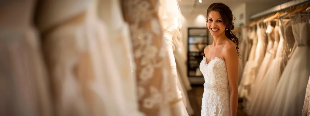 a Radiant Bride in an Elegant Yet Affordable Wedding Dress Stands Confidently in a Charming Leeds Boutique, Surrounded by a Beautiful Array of Budget-friendly Gowns That Reflect Her Unique Style and Personality, Bathed in Soft, Warm Lighting. - Scarlet Poppy Bridal Boutique - Scarlet Poppy Bridal Boutique