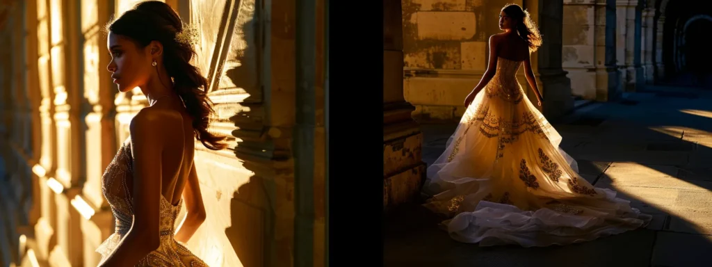 a Radiant Bride in an Elegant, Flowing Gown, Adorned with Feminine Details and Vibrant Patterns, Confidently Showcases Her Athletic Silhouette Against a Softly Lit Outdoor Backdrop, Embodying Grace and Strength. - Scarlet Poppy Bridal Boutique - Scarlet Poppy Bridal Boutique