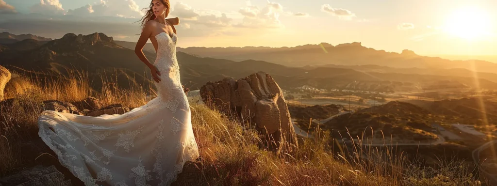 a Radiant Bride in an Elegant Trumpet Gown, Adorned with Intricate Lace Details, Stands Confidently Against a Picturesque Outdoor Backdrop, Capturing the Essence of Contemporary Bridal Sophistication. - Scarlet Poppy Bridal Boutique - Scarlet Poppy Bridal Boutique