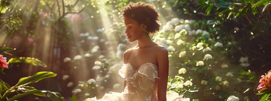 a Radiant Bride in an Ethereal Organic Gown Made from Sustainable Materials Stands Gracefully in a Sunlit Garden, Surrounded by Vibrant Greenery and Blooming Flowers, Symbolizing the Harmony Between Elegance and Environmental Responsibility. - Scarlet Poppy Bridal Boutique - Scarlet Poppy Bridal Boutique