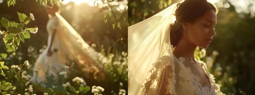 a Radiant Bride Showcases a Stunning Vintage-inspired Wedding Dress, Elegantly Draped in Soft, Flowing Fabrics, Surrounded by Lush Greenery and Warm, Dreamy Sunlight That Highlights the Gown's Intricate Lace Details. - Scarlet Poppy Bridal Boutique - Scarlet Poppy Bridal Boutique