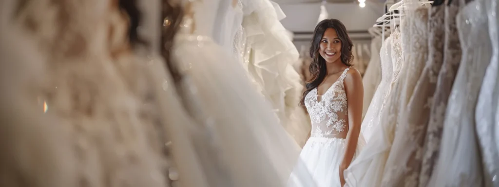 a Radiant Bride Stands Amidst Flowing White Wedding Gowns Displayed in an Elegant Boutique, Her Expression Reflecting Joy and Excitement As She Contemplates the Array of Discounts Available for Her Dream Dress. - Scarlet Poppy Bridal Boutique - Scarlet Poppy Bridal Boutique