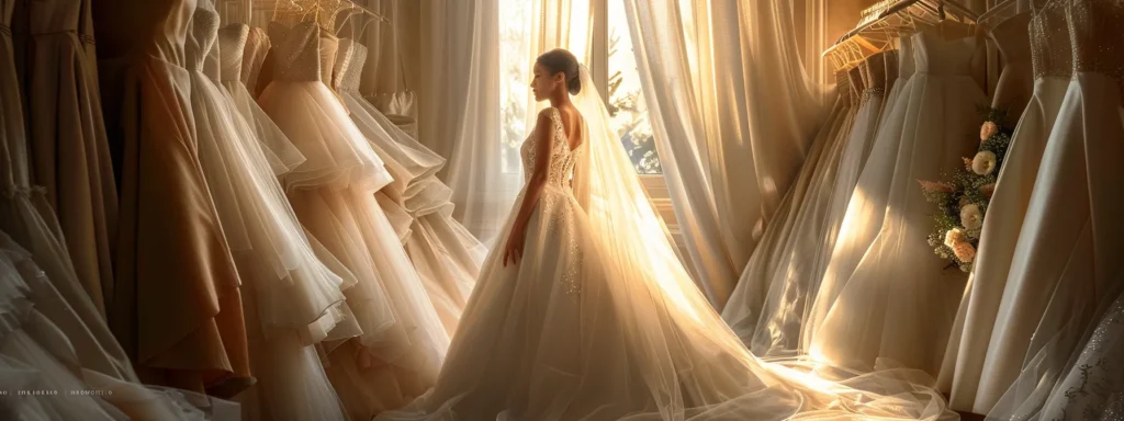 a Radiant Bride Stands Amidst a Variety of Elegant Wedding Dresses, Showcasing Diverse Styles and Fabrics in Soft, Flattering Light That Highlights the Beauty of Timeless Elegance Combined with Modern Trends. - Scarlet Poppy Bridal Boutique - Scarlet Poppy Bridal Boutique