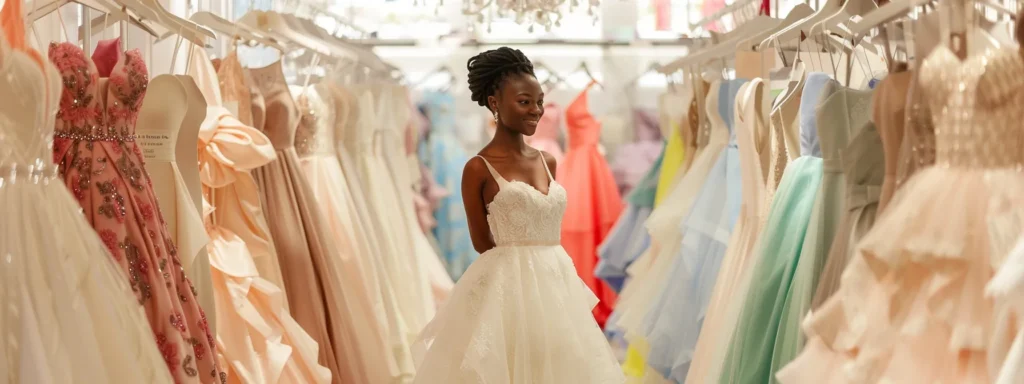 a radiant bride stands amidst a stunning array of off-the-rack wedding dresses, showcasing a vibrant selection of styles and colors in a bright, inviting department store setting. - Scarlet Poppy Bridal Boutique - Scarlet Poppy Bridal Boutique a Radiant Bride Stands Amidst a Stunning Array of Off-the-rack Wedding Dresses, Showcasing a Vibrant Selection of Styles and Colors in a Bright, Inviting Department Store Setting. - Scarlet Poppy Bridal Boutique - Scarlet Poppy Bridal Boutique