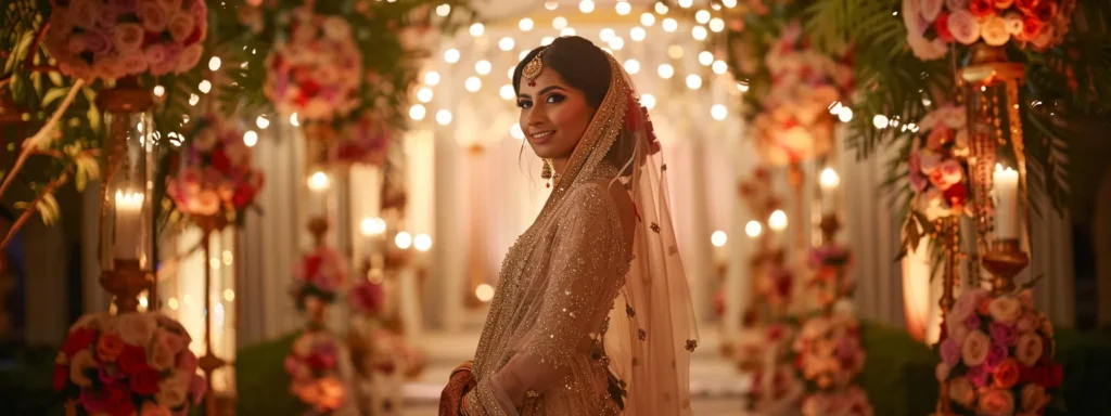 a Radiant Bride Stands Confidently in a Beautifully Crafted Custom Bridal Dress, Adorned with Intricate Cultural Details and Vibrant Colors That Reflect Her Heritage, Set Against a Softly Lit, Romantic Backdrop. - Scarlet Poppy Bridal Boutique - Scarlet Poppy Bridal Boutique