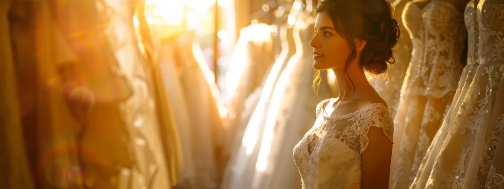 a Radiant Bride Stands Confidently in a Sunlit Boutique, Surrounded by Elegant Wedding Dresses, Showcasing Her Joyful Anticipation As She Contemplates Her Perfect Gown Amidst Soft, Dappled Light and Warm, Inviting Colors. - Scarlet Poppy Bridal Boutique - Scarlet Poppy Bridal Boutique