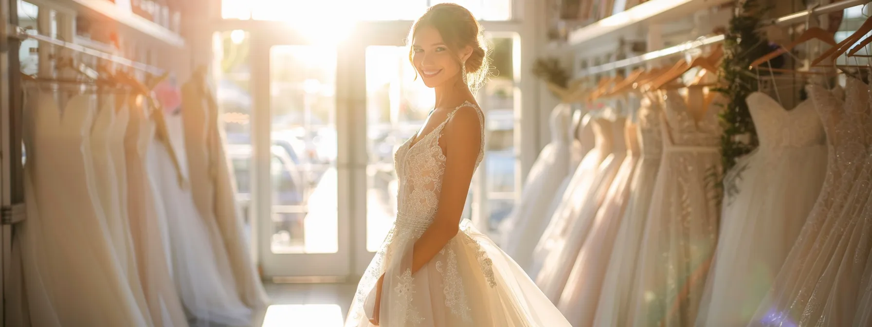 a Radiant Bride Stands Confidently in a Sunlit Boutique, Surrounded by an Exquisite Array of Budget-friendly Wedding Dresses, Showcasing Elegance and Affordability. - Scarlet Poppy Bridal Boutique - Scarlet Poppy Bridal Boutique
