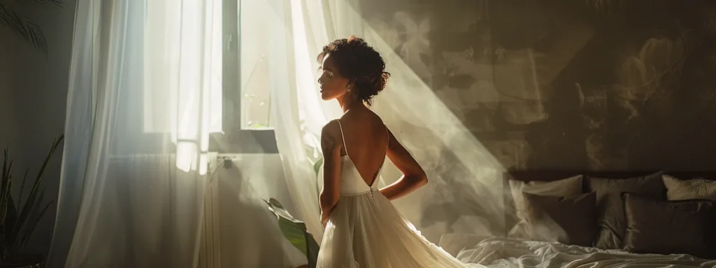 a Radiant Bride Stands Confidently in a Stunning, Custom-tailored Gown, Surrounded by Soft, Ethereal Lighting, Embodying Joy and Elegance As She Prepares for Her Wedding Day. - Scarlet Poppy Bridal Boutique - Scarlet Poppy Bridal Boutique